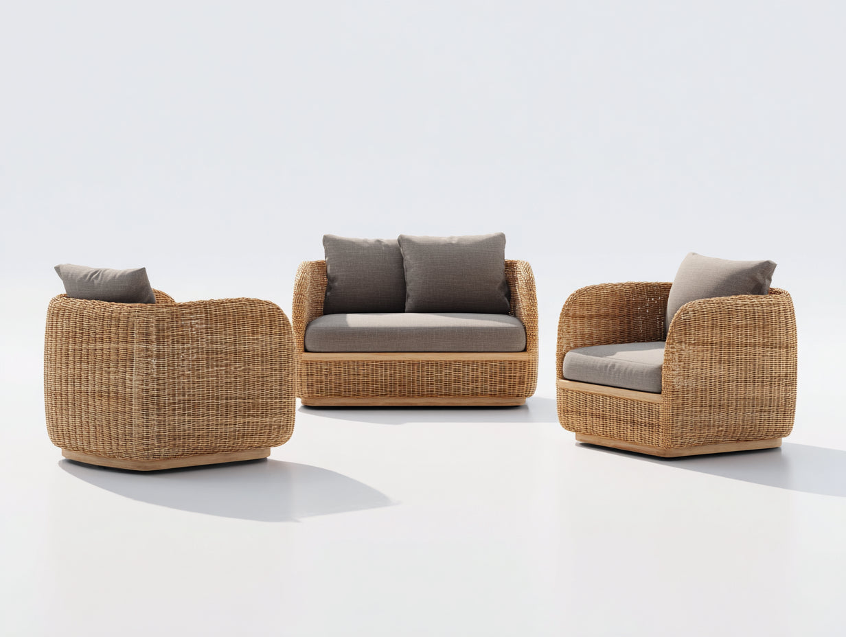Divani da esterno - Rattan-Legno-Tessuto - 188x88x76 cm - Naturale-Tortora - Stile mediterraneo moderno