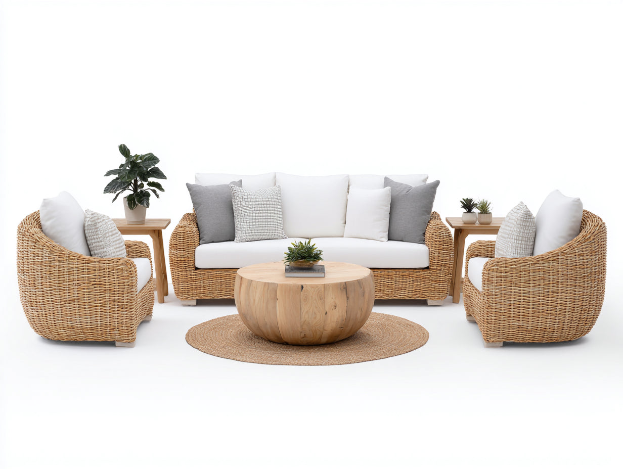 Divani da esterno - Rattan-Legno-Tessuto - 228x96x80 cm - Naturale-Bianco-Grigio chiaro - Stile scandinavo moderno