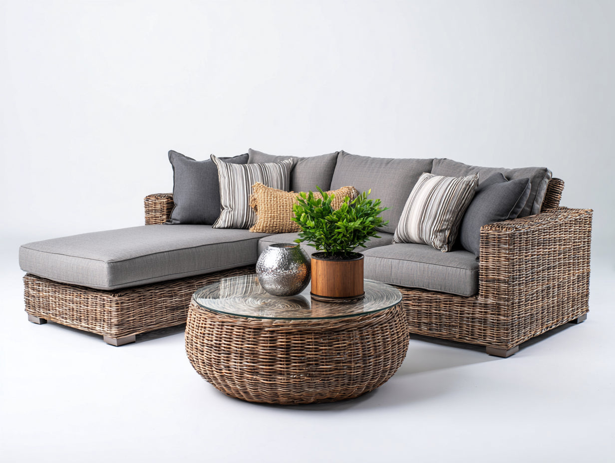 Divani da esterno - Rattan-Vetro-Tessuto - 285x190x76 cm - Naturale-Grigio - Stile mediterraneo moderno