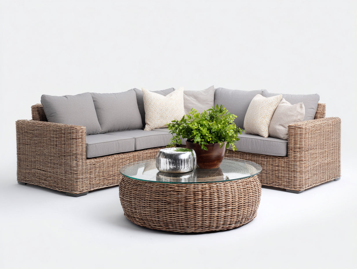 Divani da esterno - Rattan-Vetro-Tessuto - 285x285x78 cm - Naturale-Grigio chiaro - Stile mediterraneo moderno