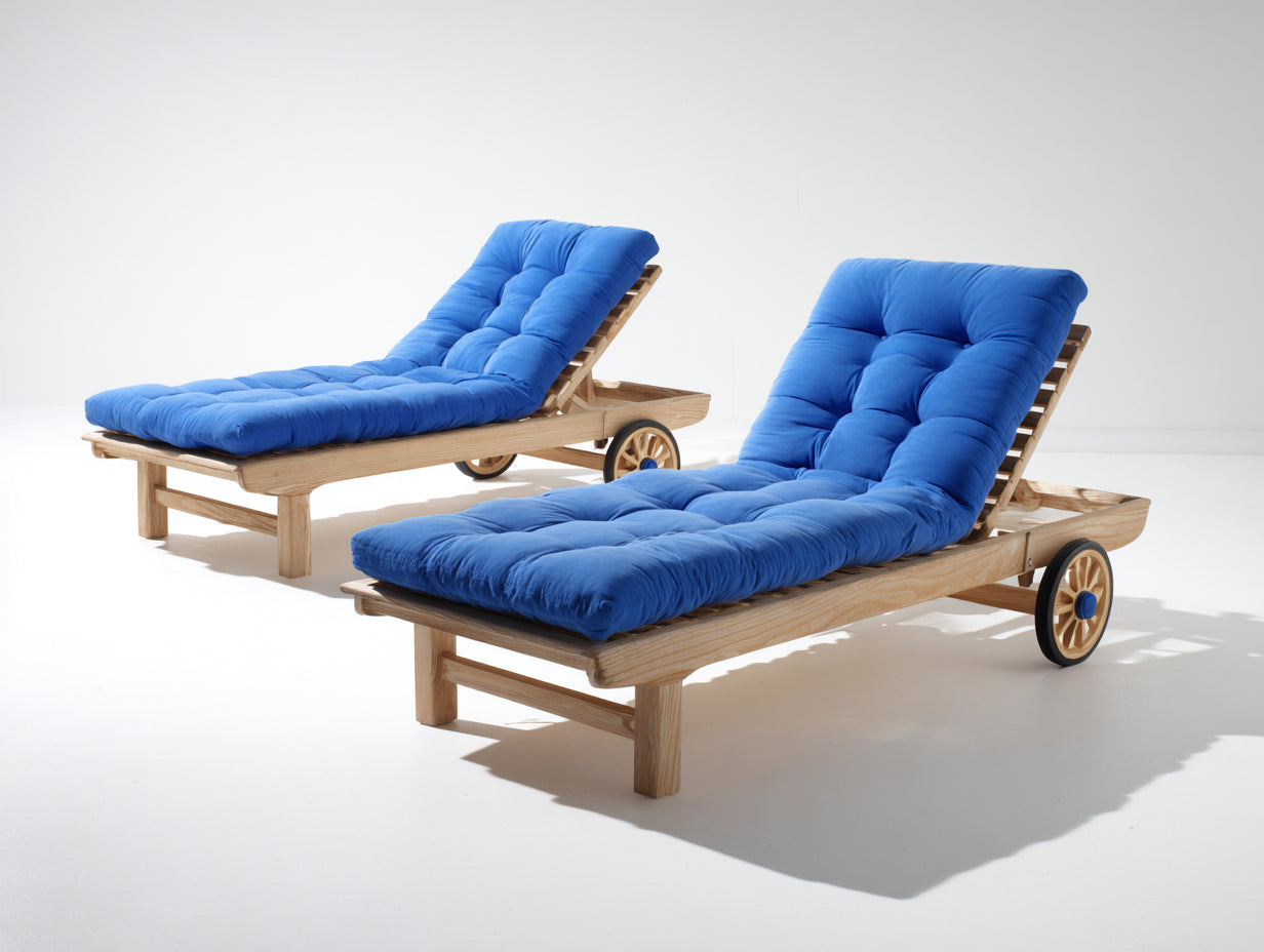 Lettino prendisole - legno massello-tessuto - 202x74x92 cm - blu-legno naturale - stile imbottito