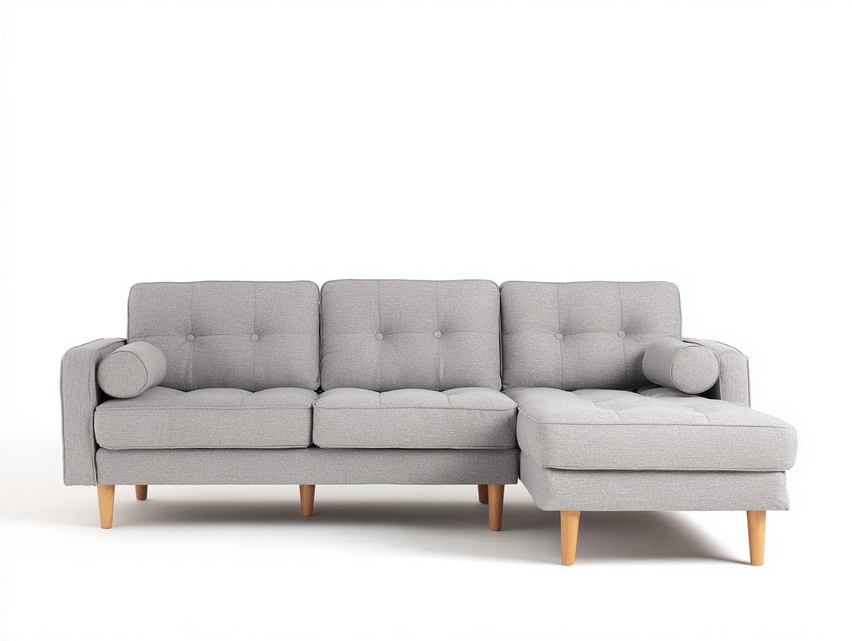 Divano angolare - tessuto-legno - 262x155x86 cm - grigio chiaro-legno naturale - nordico