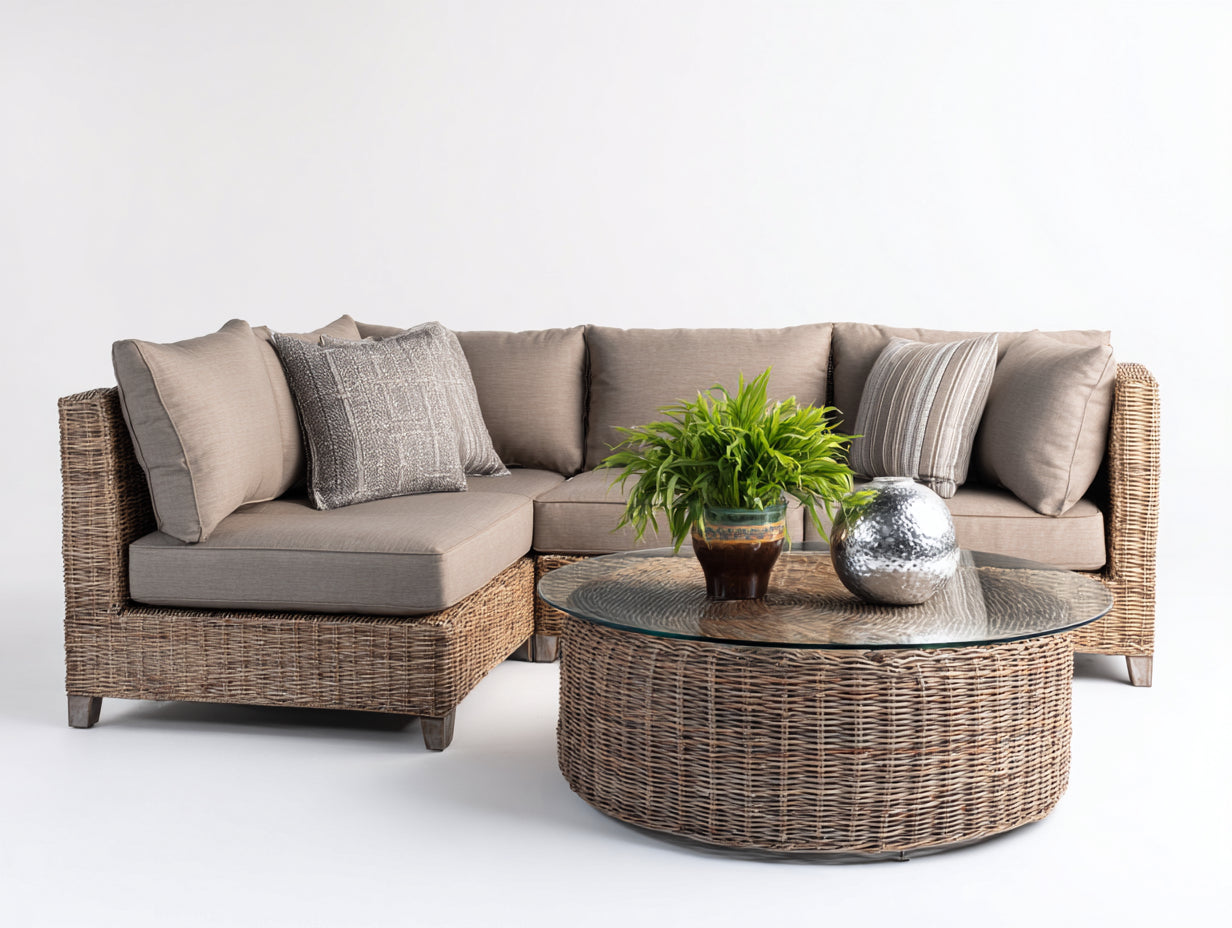Divani da esterno - Rattan-Vetro-Tessuto - 280x190x76 cm - Naturale-Tortora - Stile mediterraneo moderno