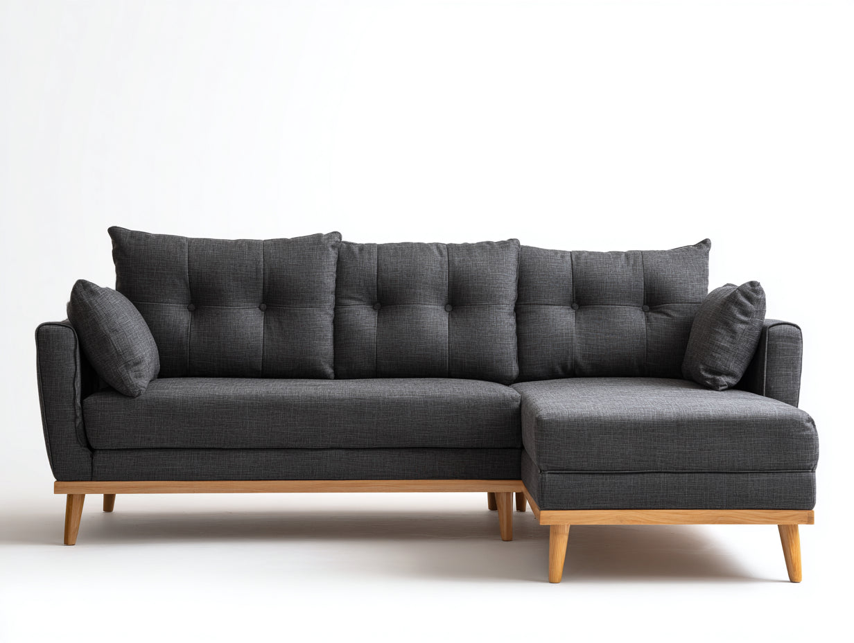 Divano angolare - tessuto-legno - 280x165x88 cm - grigio scuro-legno naturale - scandinavo