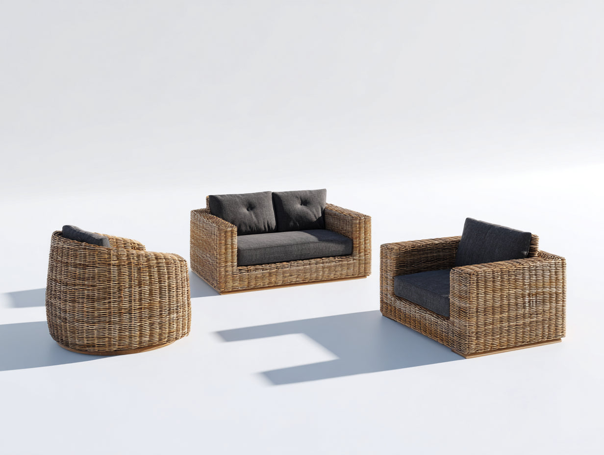 Divani da esterno - Rattan-Legno-Tessuto - 176x86x75 cm - Naturale-Grigio scuro - Stile moderno essenziale