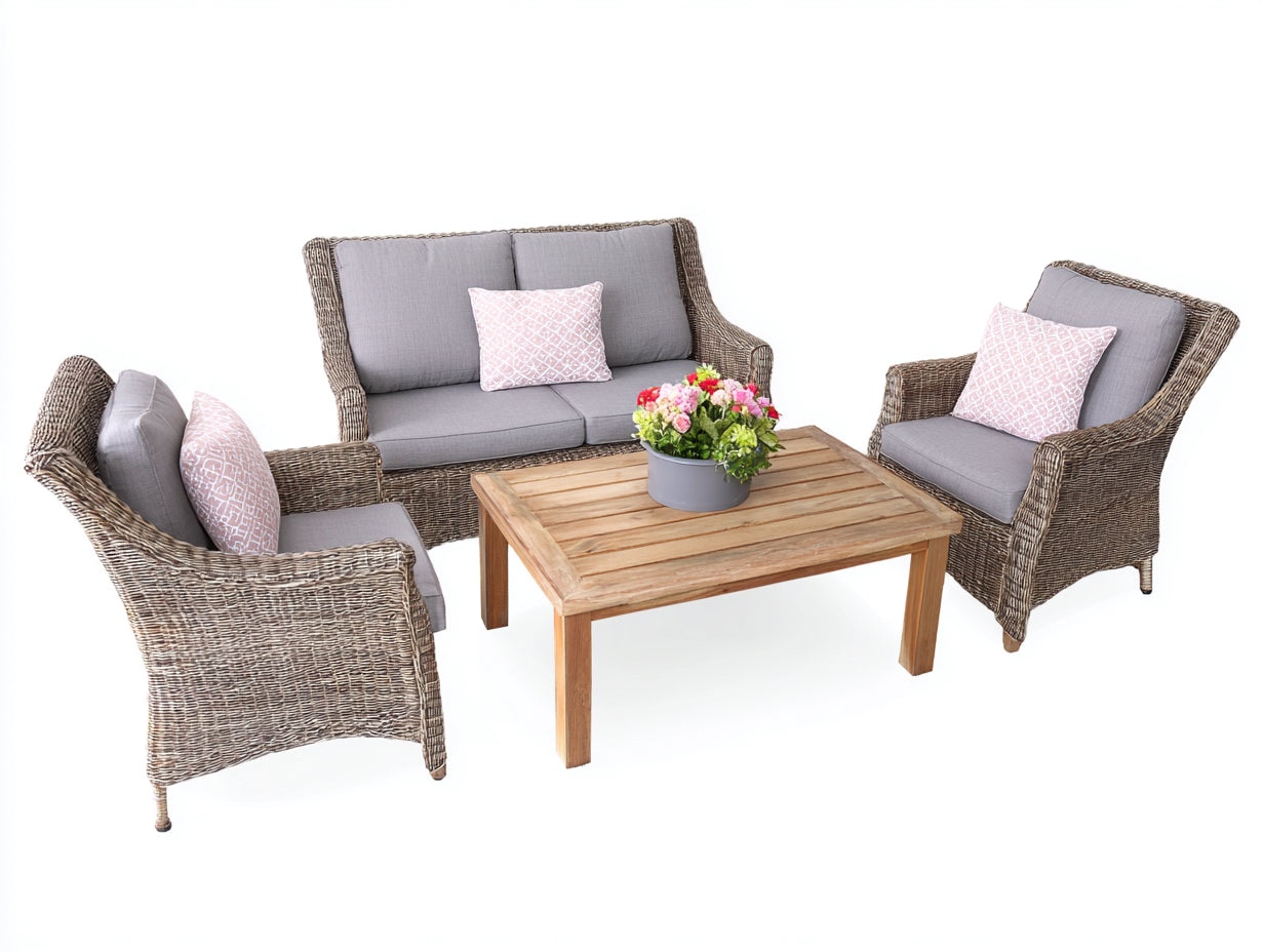 Divani da esterno - Rattan-Legno-Tessuto - 182x84x96 cm - Naturale-Grigio chiaro - Stile classico moderno
